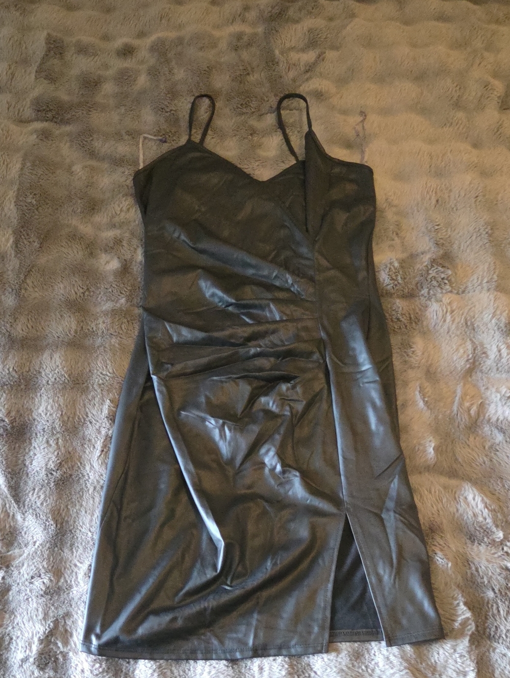 Fashion Nova Black Faux Leather Mini Dress with Side Slit